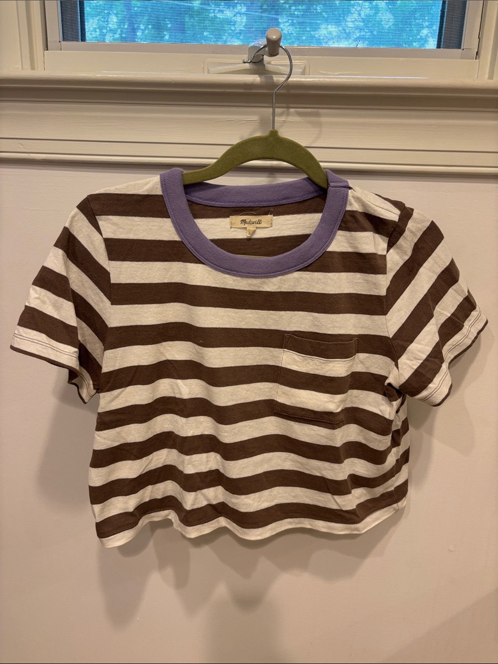 Madewell Brown & White Striped Short-Sleeve Tee with Lavender Neck